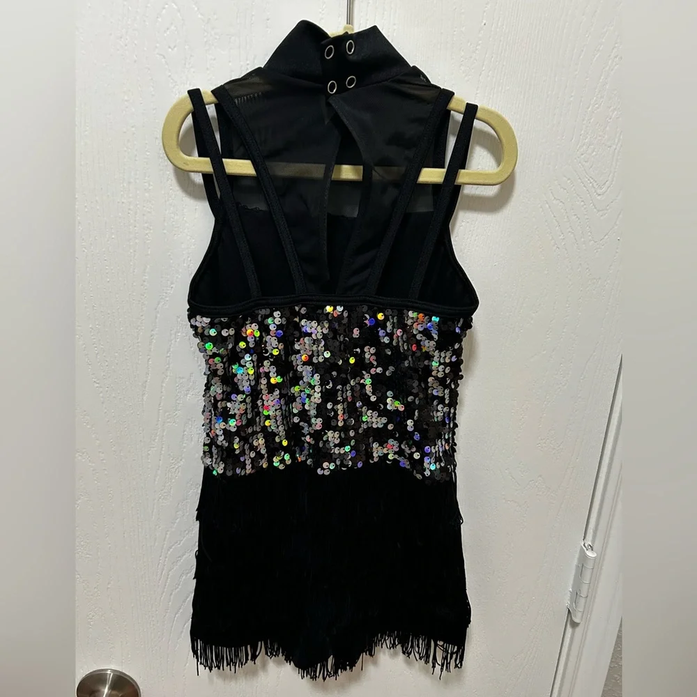 Weissman Fringe Dance Costume Black Sequined Size Medium Child Style 13329